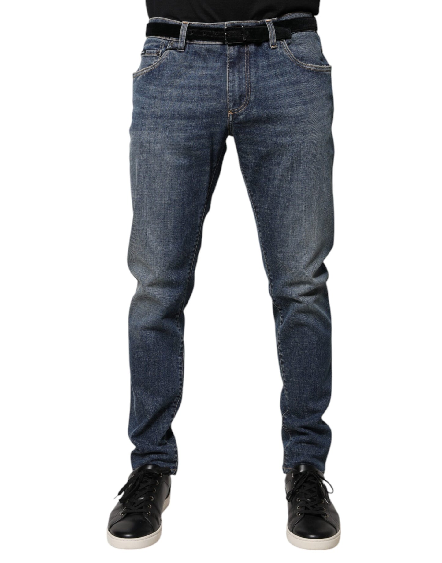 Dolce &amp; Gabbana Blue Logo Plaque Cotton Skinny Denim Jeans