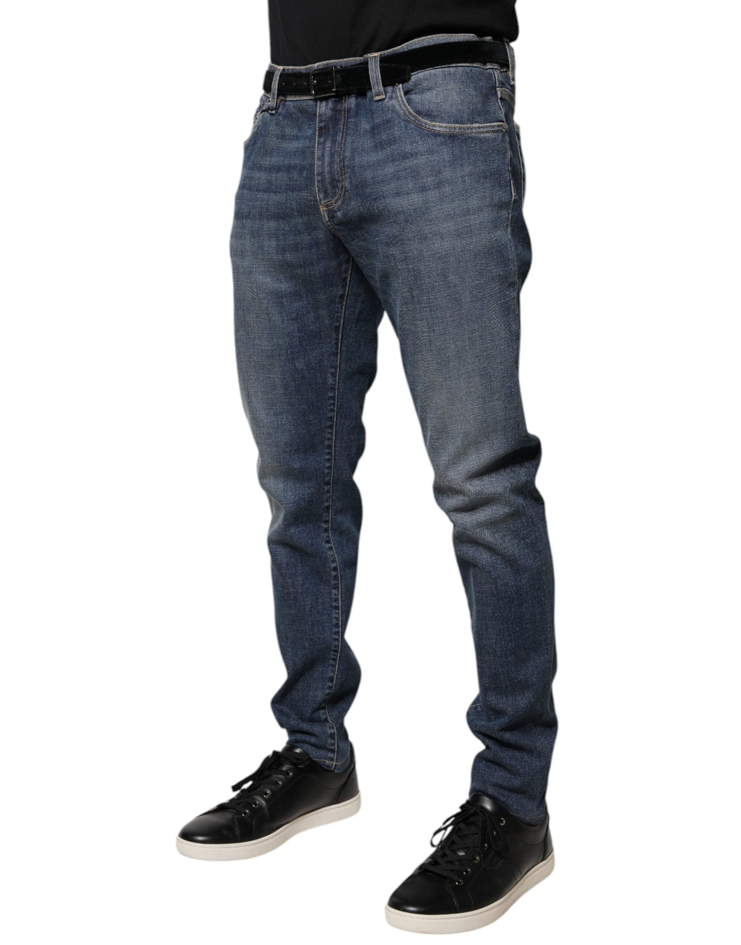 Dolce &amp; Gabbana Blue Logo Plaque Cotton Skinny Denim Jeans