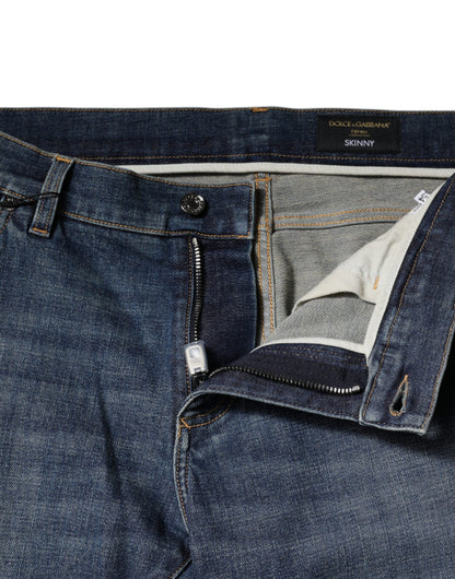 Dolce &amp; Gabbana Blue Logo Plaque Cotton Skinny Denim Jeans