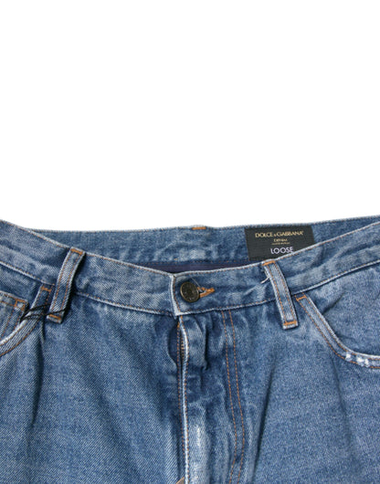 Dolce &amp; Gabbana Blue Cotton Logo Men Loose Denim Jeans