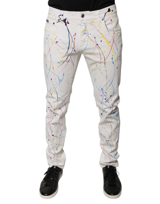 Dolce &amp; Gabbana White Color Splash Print Skinny Denim Jeans