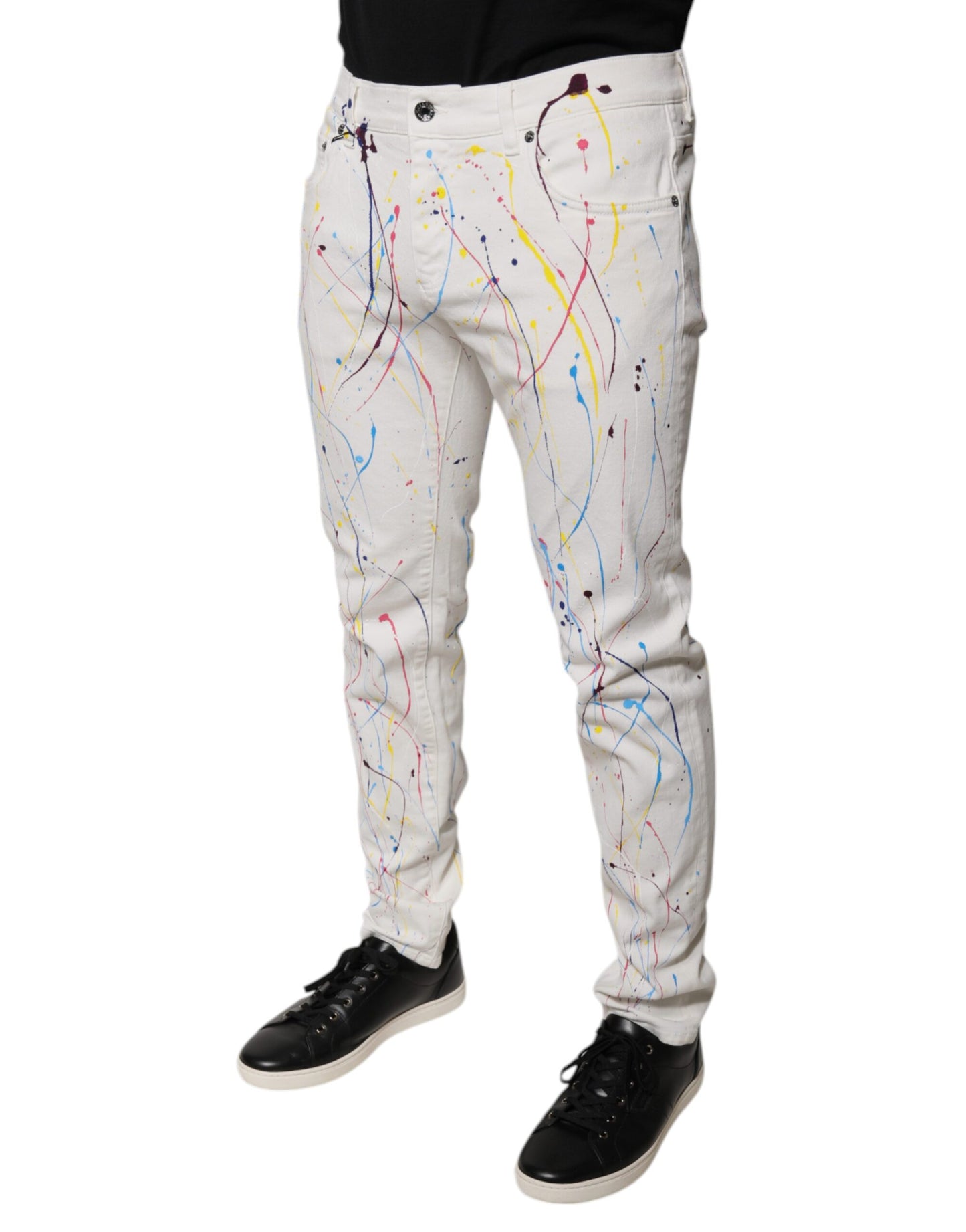 Dolce &amp; Gabbana White Color Splash Print Skinny Denim Jeans