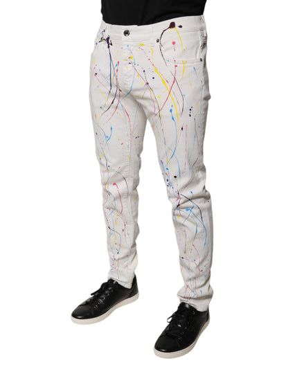 Dolce &amp; Gabbana White Color Splash Print Skinny Denim Jeans