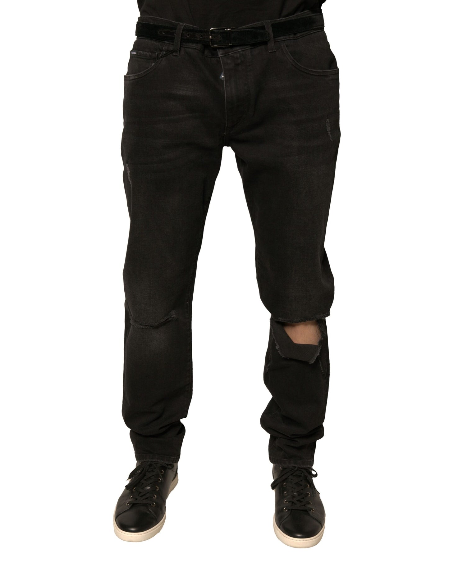 Dolce &amp; Gabbana Black Ripped Logo Cotton Skinny Denim Jeans