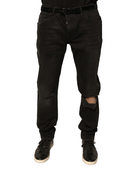 Dolce &amp; Gabbana Black Ripped Logo Cotton Skinny Denim Jeans