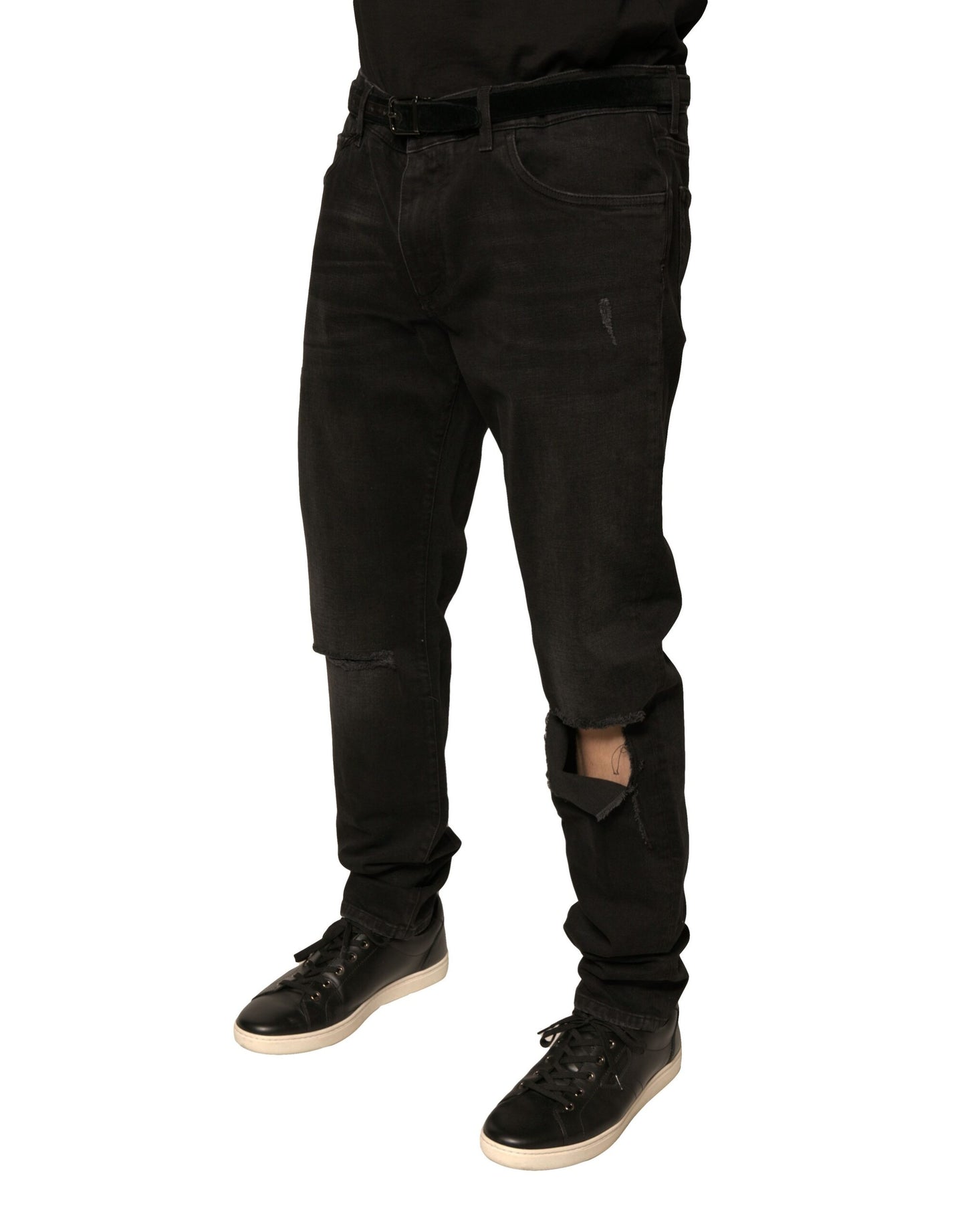 Dolce &amp; Gabbana Black Ripped Logo Cotton Skinny Denim Jeans