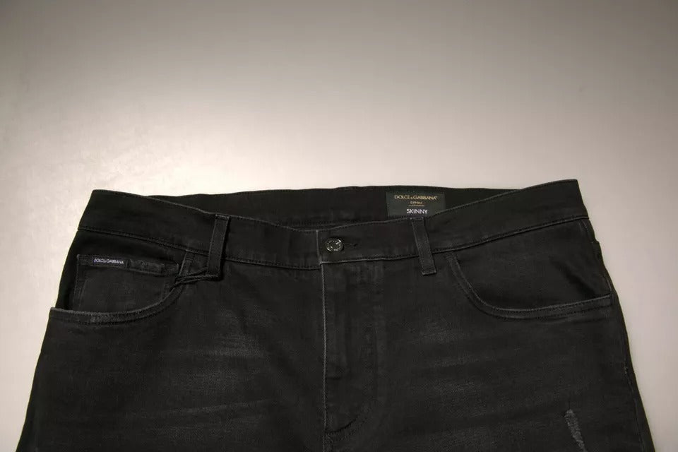 Dolce &amp; Gabbana Black Ripped Logo Cotton Skinny Denim Jeans