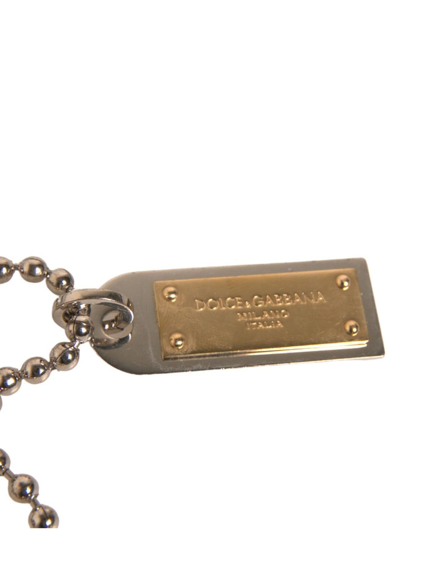 Dolce &amp; Gabbana Silver Brass Chain Beaded Logo Plaque Keychain Keyring