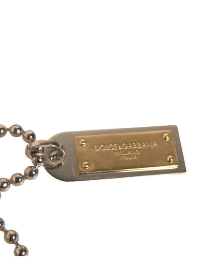 Dolce &amp; Gabbana Silver Brass Chain Beaded Logo Plaque Keychain Keyring
