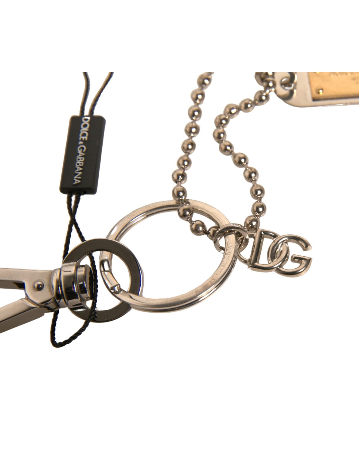 Dolce &amp; Gabbana Silver Brass Chain Beaded Logo Plaque Keychain Keyring