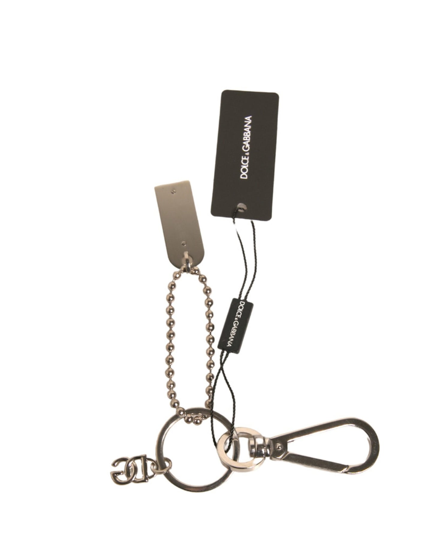 Dolce &amp; Gabbana Silver Brass Chain Beaded Logo Plaque Keychain Keyring
