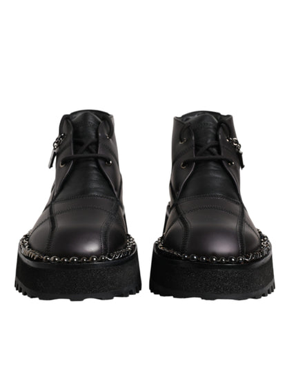 Dolce &amp; Gabbana Black Leather Lace Up Ankle Boots Shoes