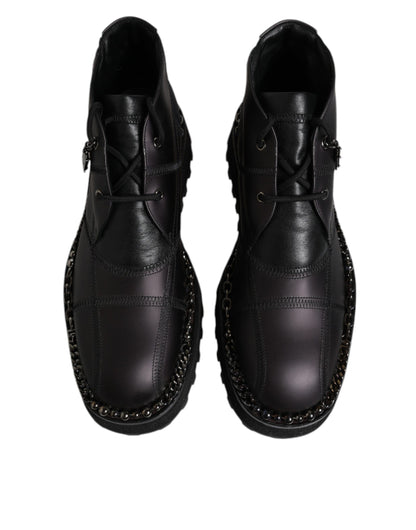 Dolce &amp; Gabbana Black Leather Lace Up Ankle Boots Shoes