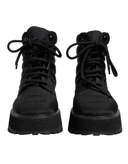 Dolce &amp; Gabbana Black Padded Mid Calf Lace Up Boots Shoes