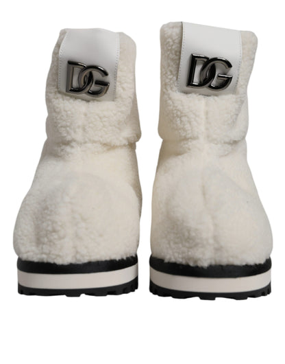 Dolce &amp; Gabbana White Plush Logo Padded Mid Calf Boots Shoes