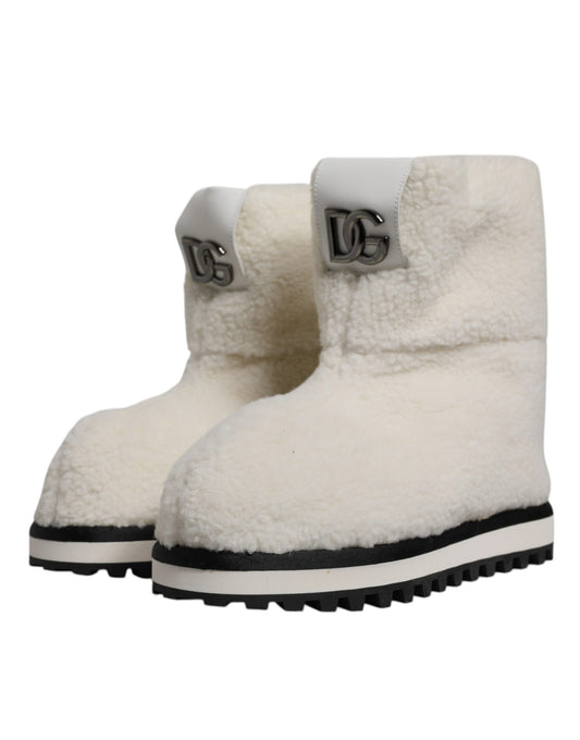 Dolce &amp; Gabbana White Plush Logo Padded Mid Calf Boots Shoes