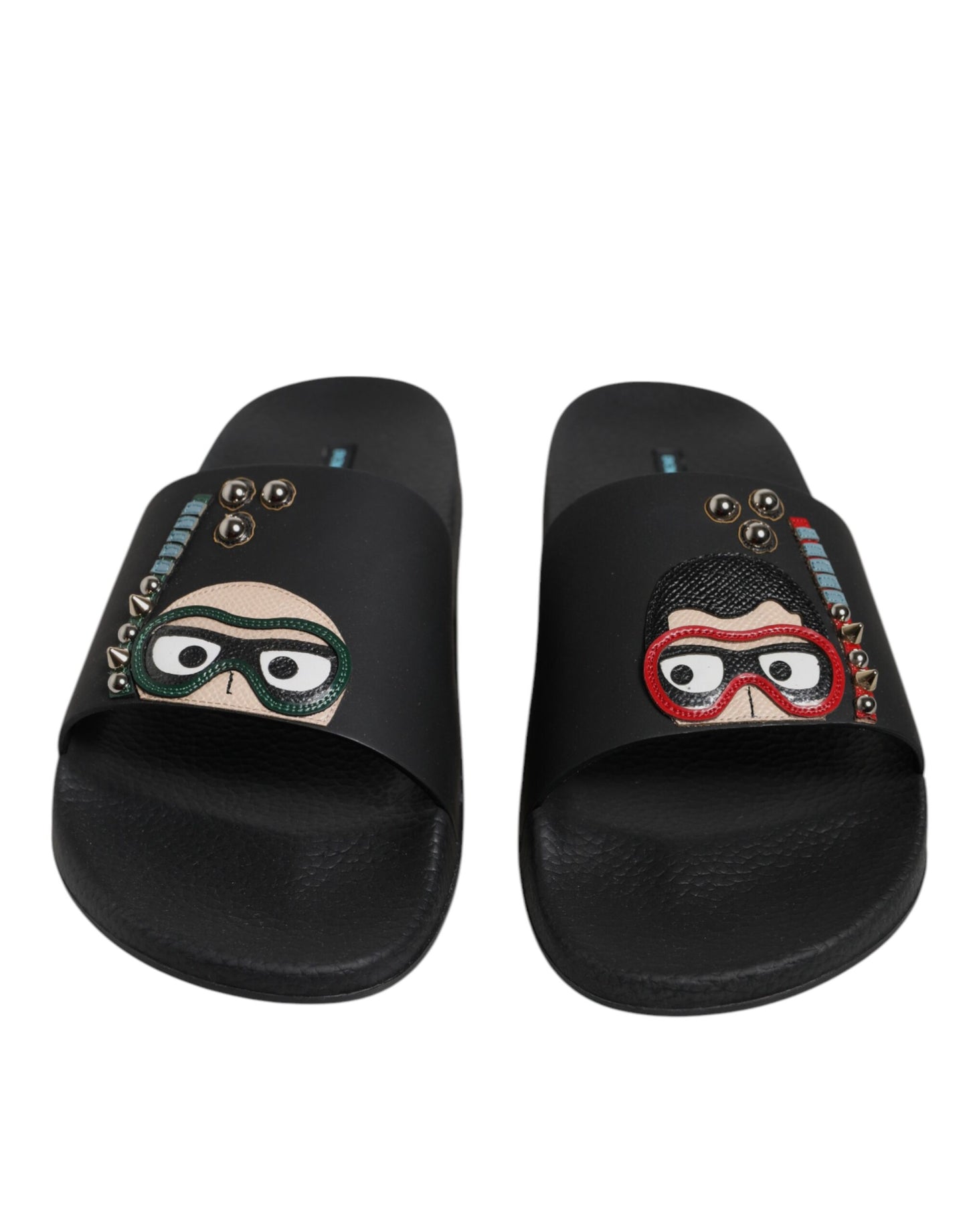 Dolce &amp; Gabbana Schwarze Taucher Leder Flats Slides Sandalen Beachwear Schuhe