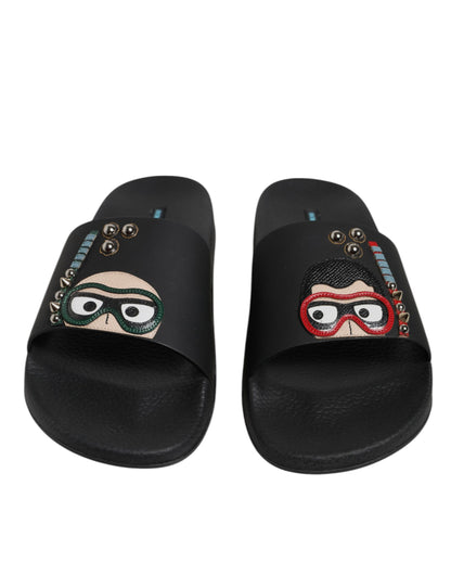 Dolce &amp; Gabbana Schwarze Taucher Leder Flats Slides Sandalen Beachwear Schuhe