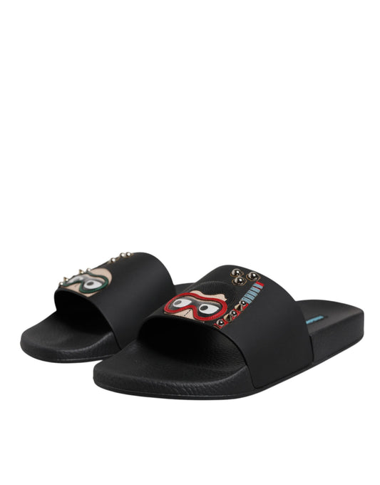 Dolce &amp; Gabbana Schwarze Taucher Leder Flats Slides Sandalen Beachwear Schuhe