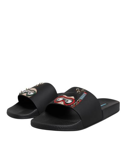 Dolce &amp; Gabbana Schwarze Taucher Leder Flats Slides Sandalen Beachwear Schuhe