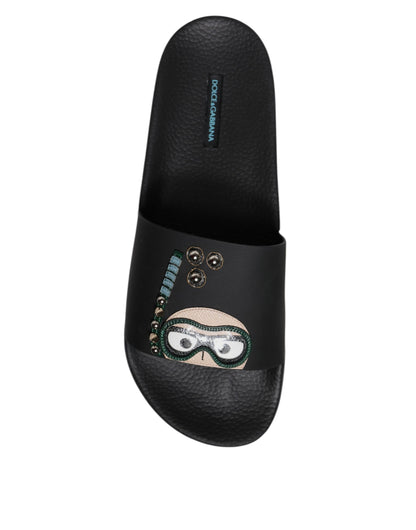 Dolce &amp; Gabbana Schwarze Taucher Leder Flats Slides Sandalen Beachwear Schuhe