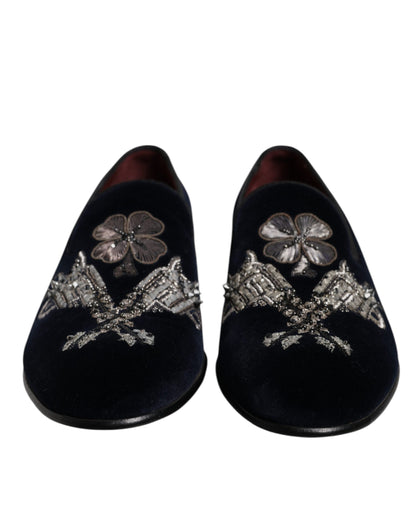 Dolce &amp; Gabbana Black Velvet Floral Gun Loafers Dress Shoes