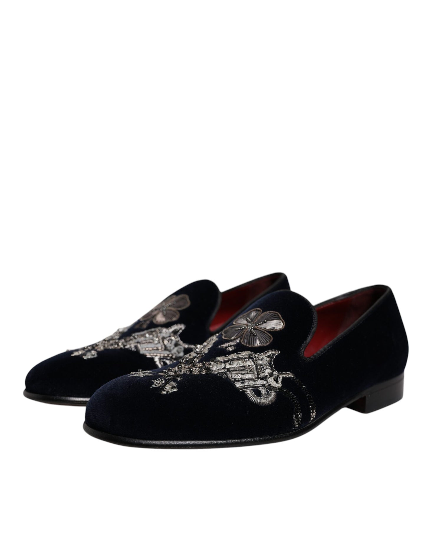 Dolce &amp; Gabbana Black Velvet Floral Gun Loafers Dress Shoes