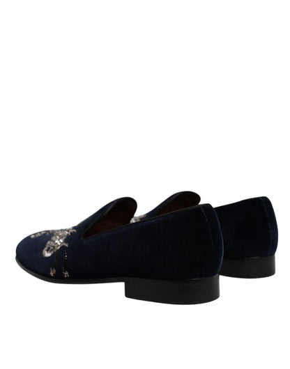 Dolce &amp; Gabbana Black Velvet Floral Gun Loafers Dress Shoes