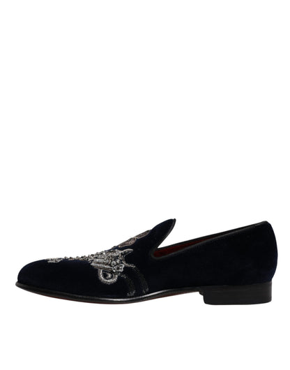 Dolce &amp; Gabbana Black Velvet Floral Gun Loafers Dress Shoes