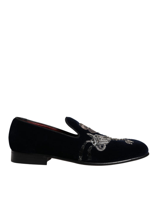 Dolce &amp; Gabbana Black Velvet Floral Gun Loafers Dress Shoes