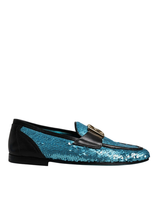 Dolce &amp; Gabbana Blue Sequined Loafers Formal Dress Shoes