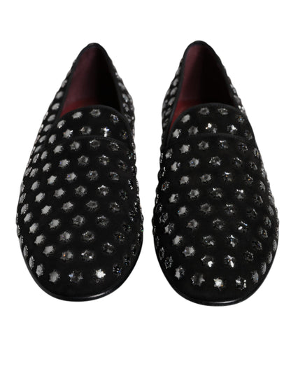 Dolce &amp; Gabbana Black Crystal Embellished Loafers Dress Shoes