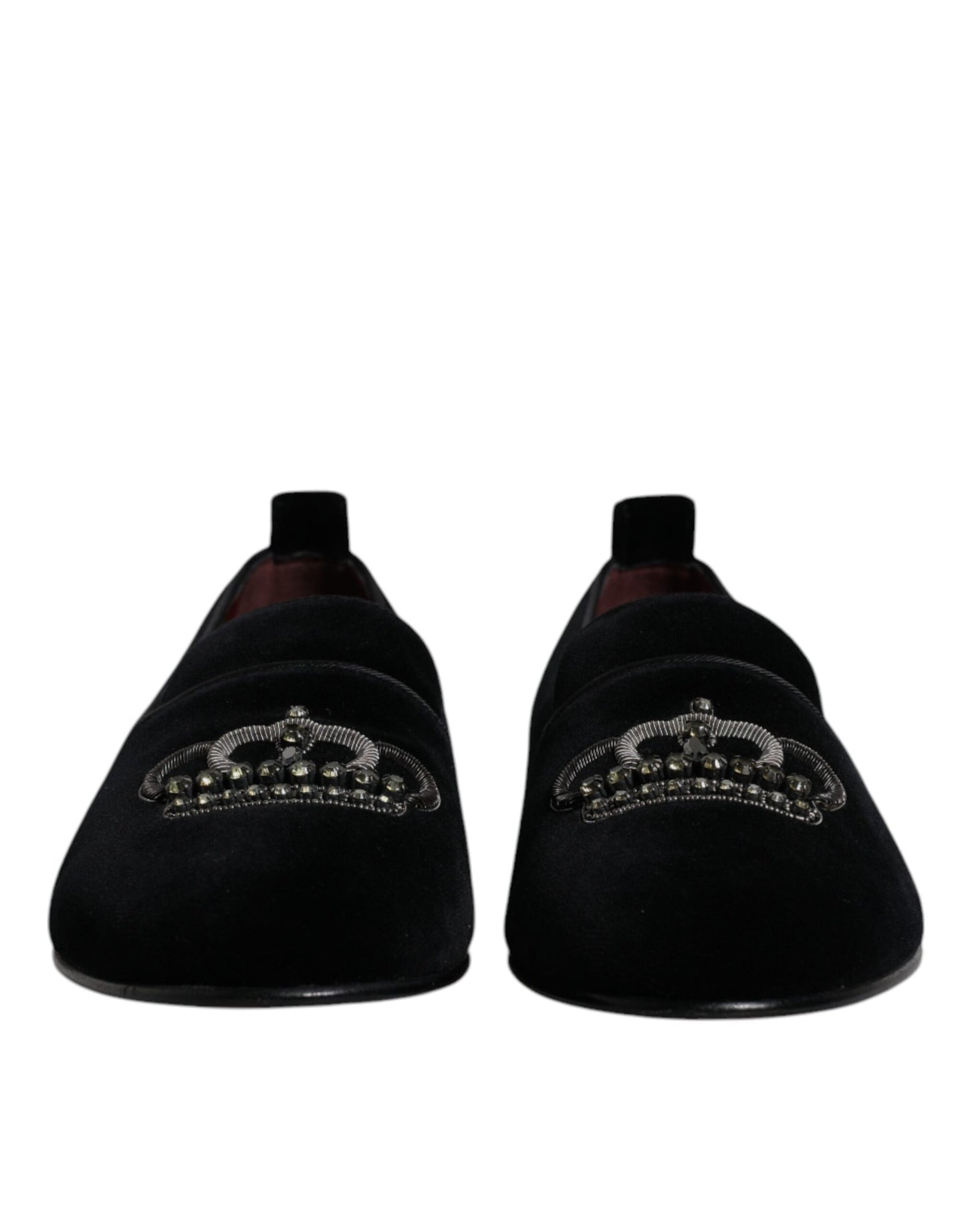 Dolce &amp; Gabbana Black Velvet Crystal Crown Loafers Formal Dress Shoes