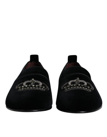 Dolce &amp; Gabbana Black Velvet Crystal Crown Loafers Formal Dress Shoes