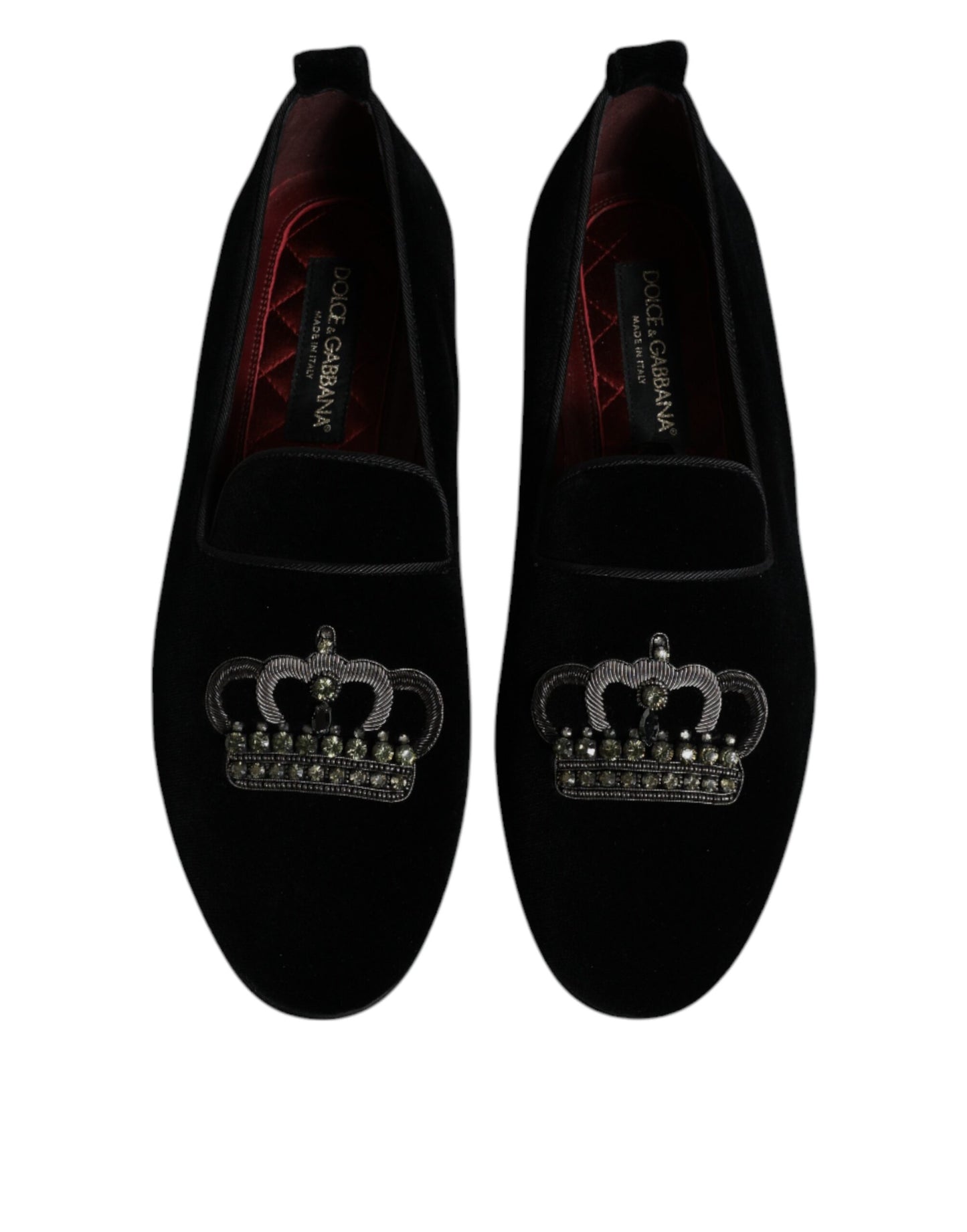 Dolce &amp; Gabbana Black Velvet Crystal Crown Loafers Formal Dress Shoes