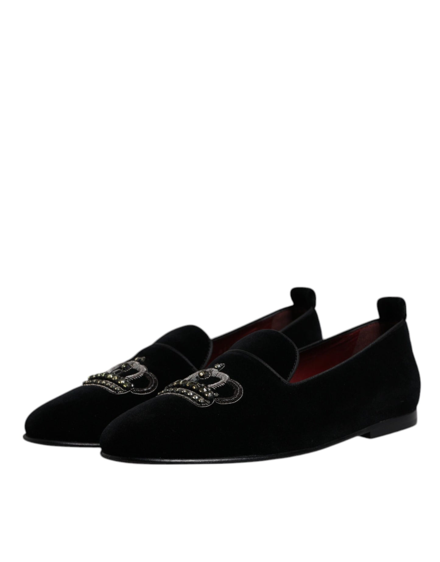 Dolce &amp; Gabbana Black Velvet Crystal Crown Loafers Formal Dress Shoes