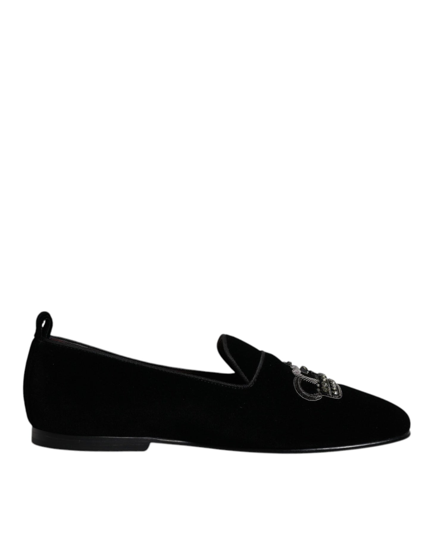 Dolce &amp; Gabbana Black Velvet Crystal Crown Loafers Formal Dress Shoes
