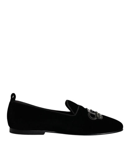 Dolce &amp; Gabbana Black Velvet Crystal Crown Loafers Formal Dress Shoes
