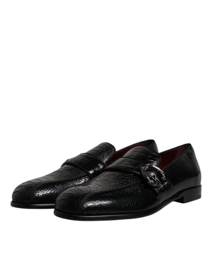 Dolce &amp; Gabbana Black Exotic Leather DG Logo Loafers Formal Dress Shoes