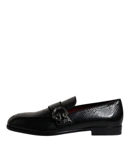Dolce &amp; Gabbana Black Exotic Leather DG Logo Loafers Formal Dress Shoes