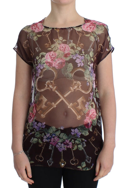 Dolce &amp; Gabbana – Schwarzes Seidenblusen-T-Shirt mit Blumendruck