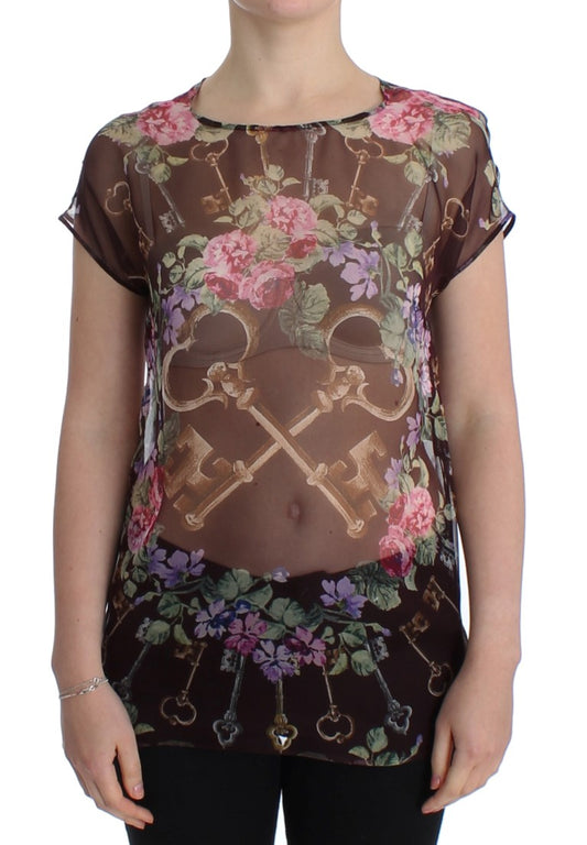 Dolce &amp; Gabbana – Schwarzes Seidenblusen-T-Shirt mit Blumendruck