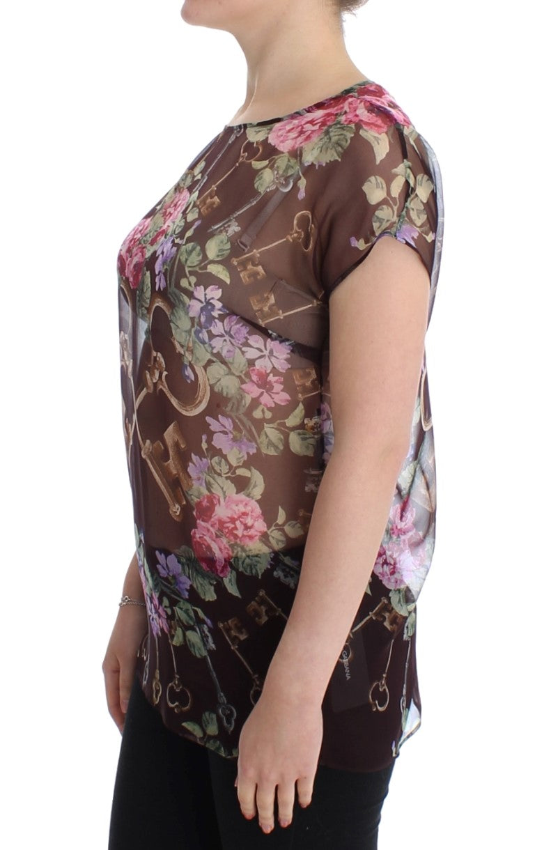Dolce &amp; Gabbana – Schwarzes Seidenblusen-T-Shirt mit Blumendruck