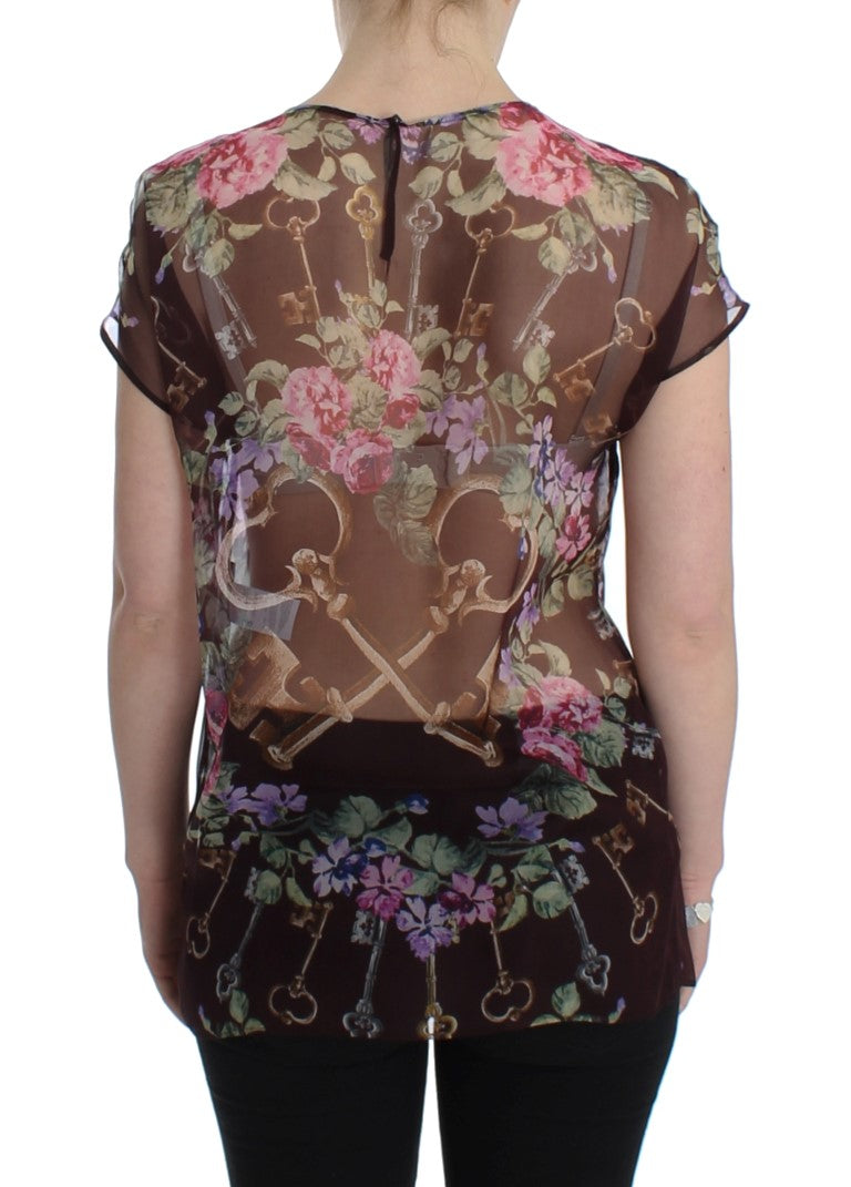 Dolce &amp; Gabbana – Schwarzes Seidenblusen-T-Shirt mit Blumendruck