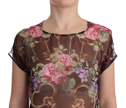 Dolce &amp; Gabbana – Schwarzes Seidenblusen-T-Shirt mit Blumendruck