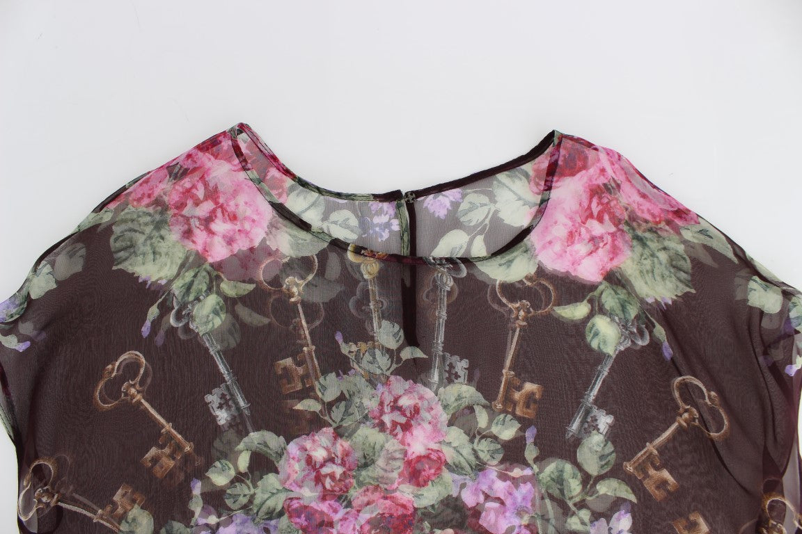 Dolce &amp; Gabbana – Schwarzes Seidenblusen-T-Shirt mit Blumendruck