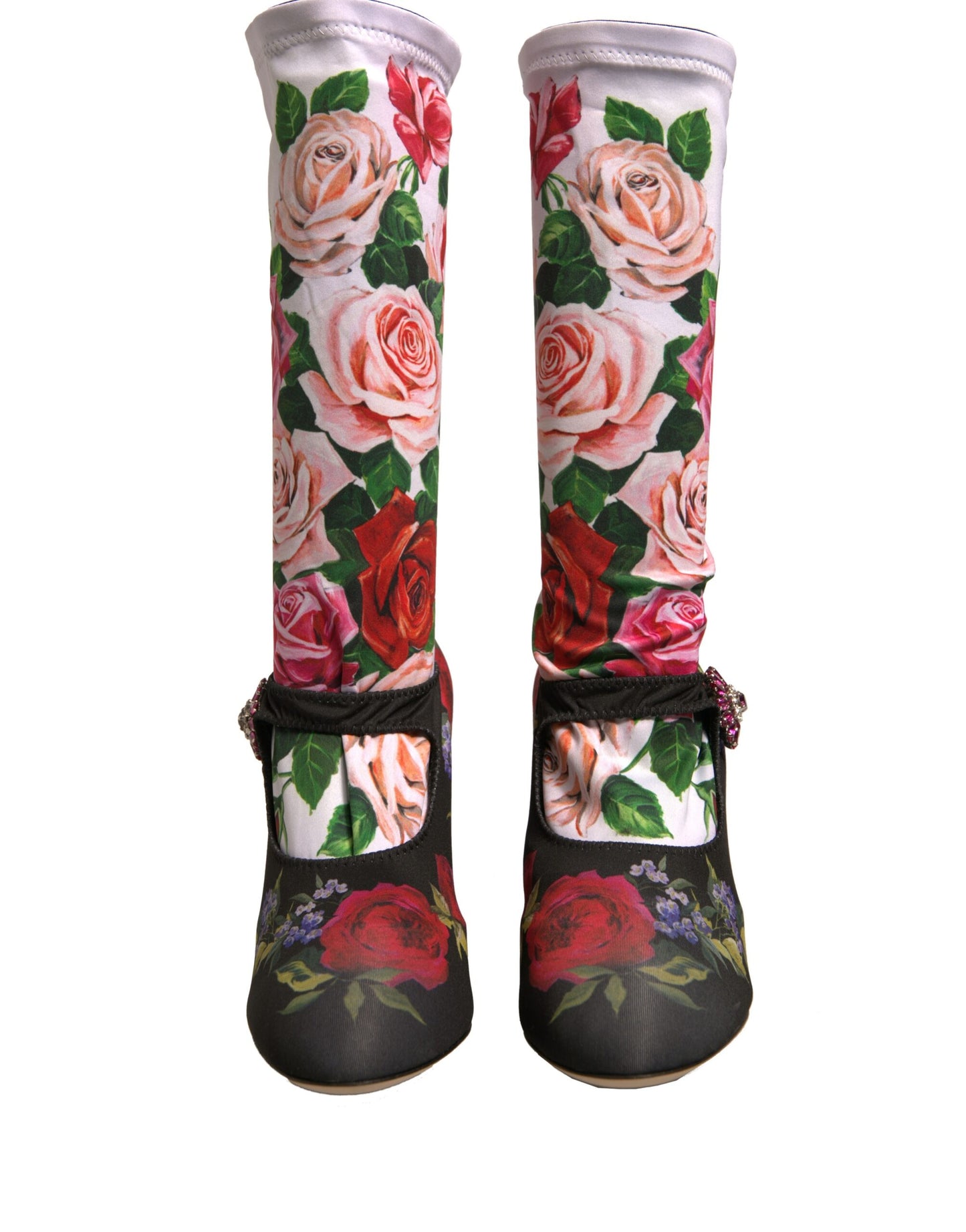 Dolce &amp; Gabbana Black Floral Socks Crystal Boots Jersey Shoes