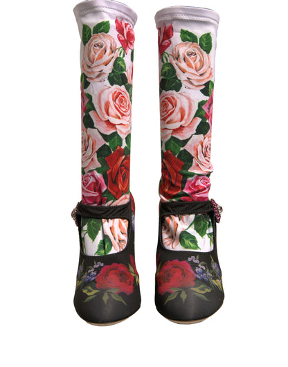 Dolce &amp; Gabbana Black Floral Socks Crystal Boots Jersey Shoes