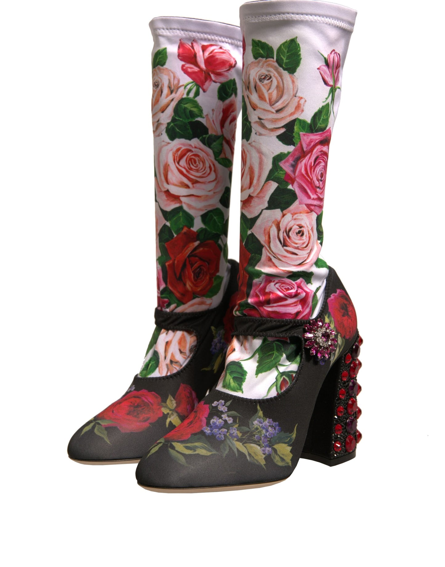 Dolce &amp; Gabbana Black Floral Socks Crystal Boots Jersey Shoes