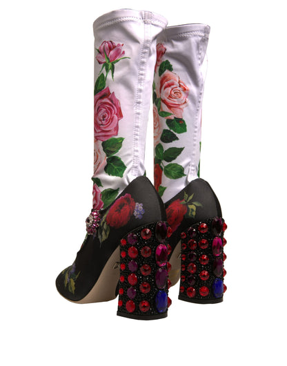 Dolce &amp; Gabbana Black Floral Socks Crystal Boots Jersey Shoes